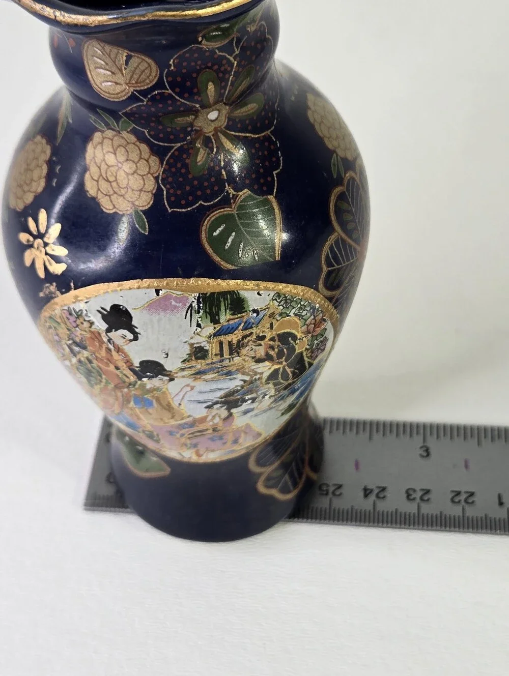VTG Japanese Satsuma Style Vase Cobalt Blue Gold Hand Painted Geisha Moriage - Picture 14 of 17